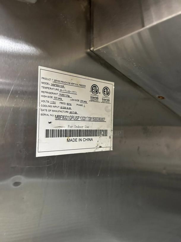Atosa MBF8001GR 22.6 Cu.ft Single Door Freezer, good condition, tested and working, model label with specs shown.