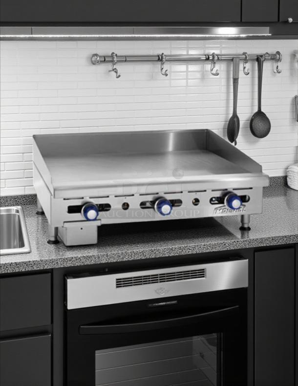 Imperial IMGA-3628 36" commercial gas countertop griddle, tested and working, with manual controls and sturdy construction.