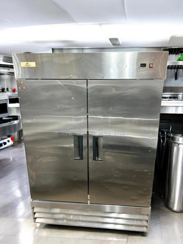 Alt text: Cooler Depot Model XB54F-HC 48-cu ft Commercial 2 Door Freezer in great condition, metallic finish, tested working.