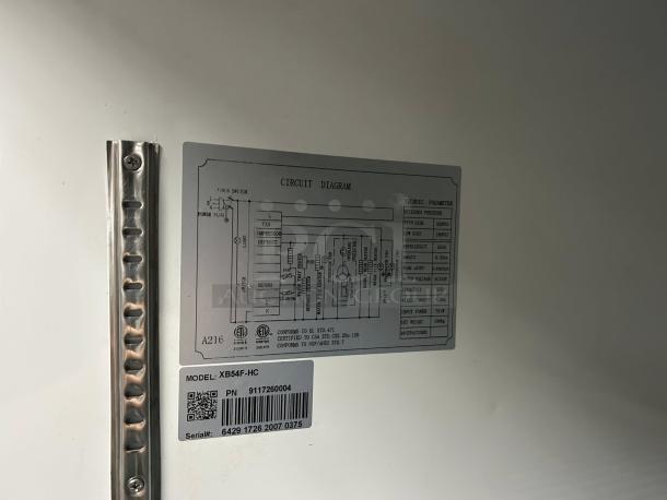Cooler Depot XB54F-HC 48-cu ft commercial freezer label showing model, circuit diagram, and specifications.