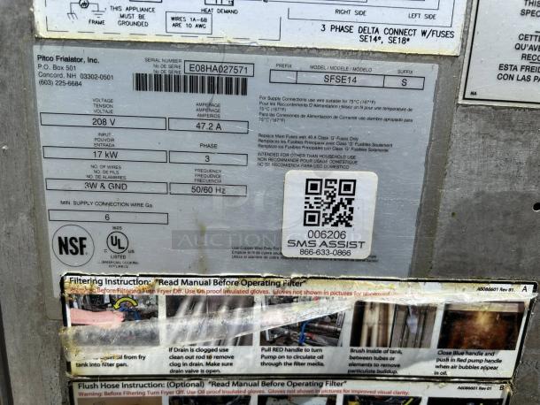 Pitco SFSE14 electric fryer label showing specs: 208V, 47.2A, 17kW, 3-phase. Features NSF and UL markings.
