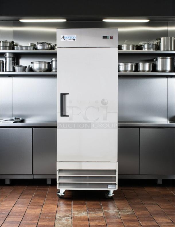 Avantco A-19F-HC 29" reach-in freezer, solid door, 115v, excellent condition, tested and working, on casters, kitchen setting.