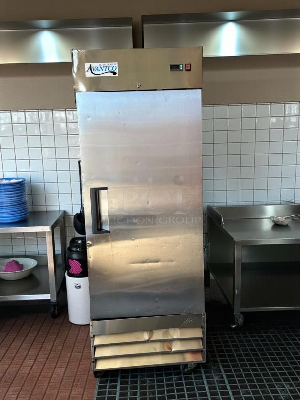 Avantco A-19F-HC 29" solid door reach-in freezer in amazing condition, tested and working, visible Avantco logo and digital display.