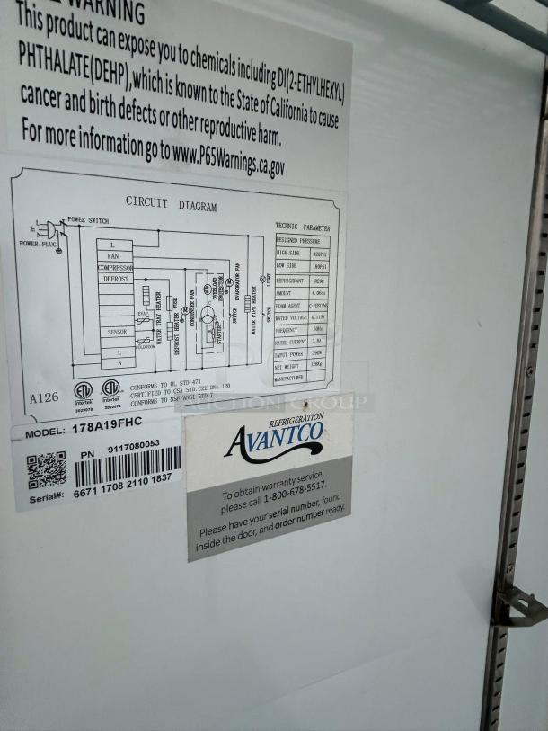 Avantco A-19F-HC 29" Reach-In Freezer, great condition, solid door, tested and working, circuit diagram and safety labels visible.