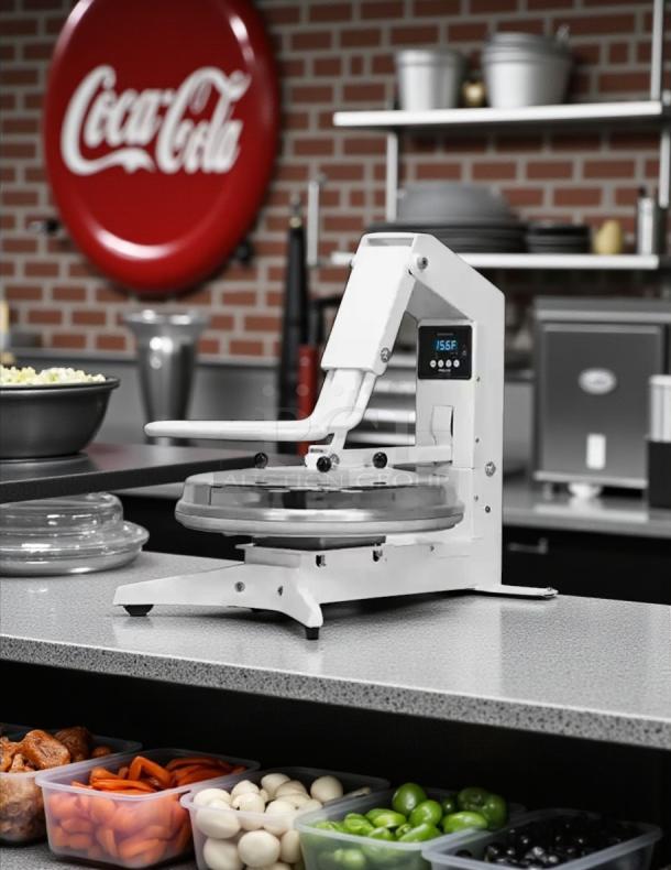 Proluxe Flex X1 PP1818A 18" manual clamshell pizza dough press, new in box, 120V, on kitchen counter.