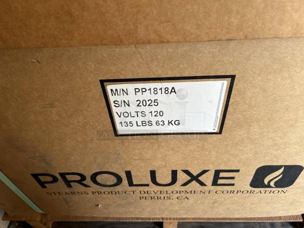 New Proluxe Flex X1 PP1818A clamshell dough press, 18", 120V, in box. Features include model and serial details on label.