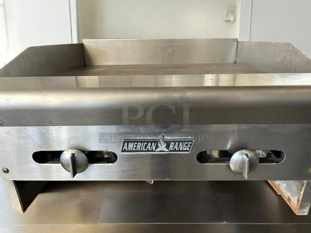 American Range ARSMG-24 gas griddle, 24" countertop model, stainless steel, manual controls, excellent condition, tested working.