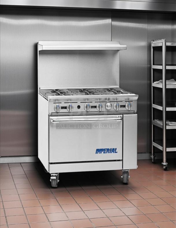 Imperial Range IR-6NG Pro Series 36" natural gas, 6-burner range with oven, stainless steel, tested and working, in good condition.