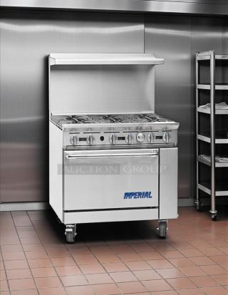 Imperial Range IR-6NG Pro Series 36" natural gas, 6-burner range with oven, stainless steel, tested and working, in good condition.