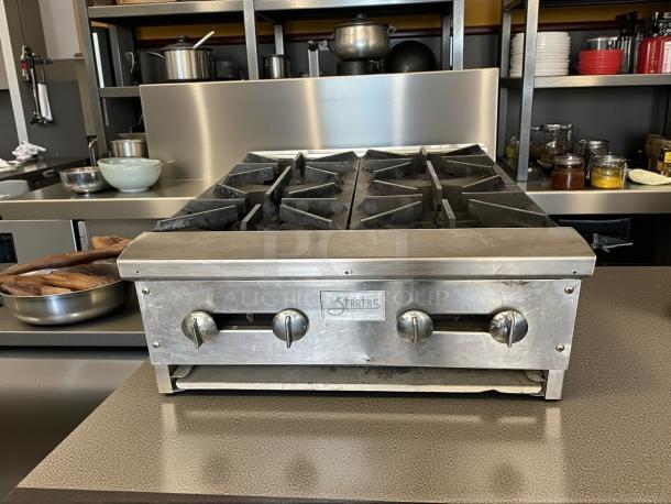 Stratus SHP-24-4 countertop 4 burner gas range, tested and working, stainless steel, dual control knobs, branded front panel.