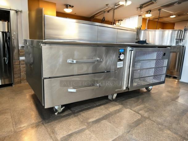 Randell Model 20048SC 60" refrigerated chef base with 2 drawers, 120V, on wheels. Tested, good condition.