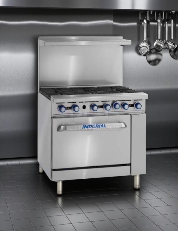 Imperial IR-6 Restaurant Series Range, 6 burners, 1 oven, natural gas, 36" width, stainless steel, tested and working.