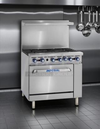 Imperial IR-6 Restaurant Series Range, 6 burners, 1 oven, natural gas, 36" width, stainless steel, tested and working.