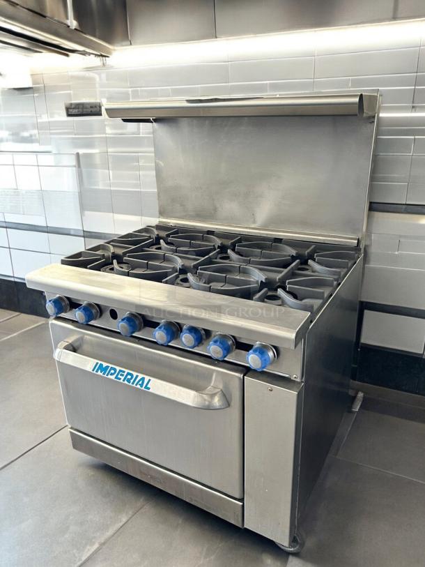 Imperial IR-6 Restaurant Series Range, 6 burners, 1 oven, 36", natural gas, tested, working, stainless steel finish.