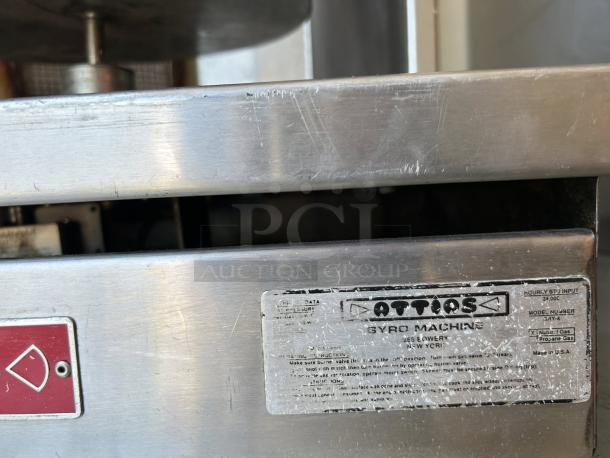 Attias GRY-4 Gyro Machine, 4 burners, 1 spit, stainless steel, tested working, good condition, clear model label visible.