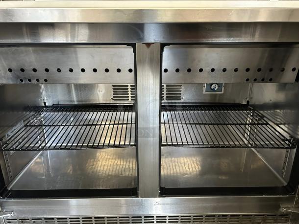 Everest Refrigeration EPBR2 Mega-Top Sandwich Prep Table, stainless steel, two-section, great condition, tested working.