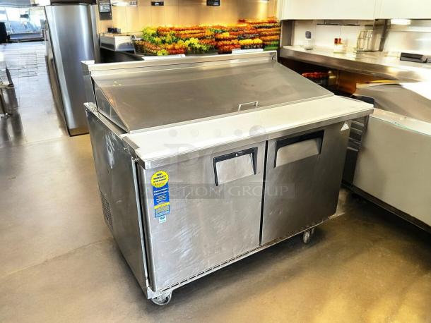 Everest EPBR2 47.5" Mega-Top Sandwich Prep Table, stainless steel, tested, working, dual sections, warranty tag visible.