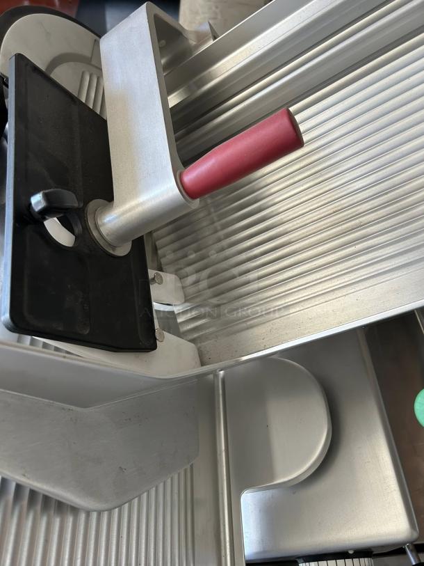 Bizerba L-22 automatic meat slicer, aluminum, 13" blade, red handle, tested working, safety dial, 1/2 hp 120V.
