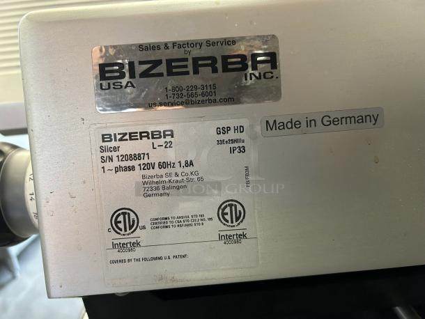 Bizerba L-22 meat slicer, 13" blade, aluminum, safety dial, 1/2 hp 120V. Tested, working, made in Germany.