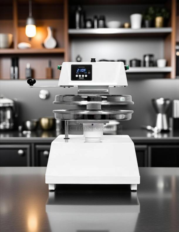 Proluxe DP1100A 18" pizza dough press, manual, red, 120V, 1500W, tested, working, featuring a digital temperature display.