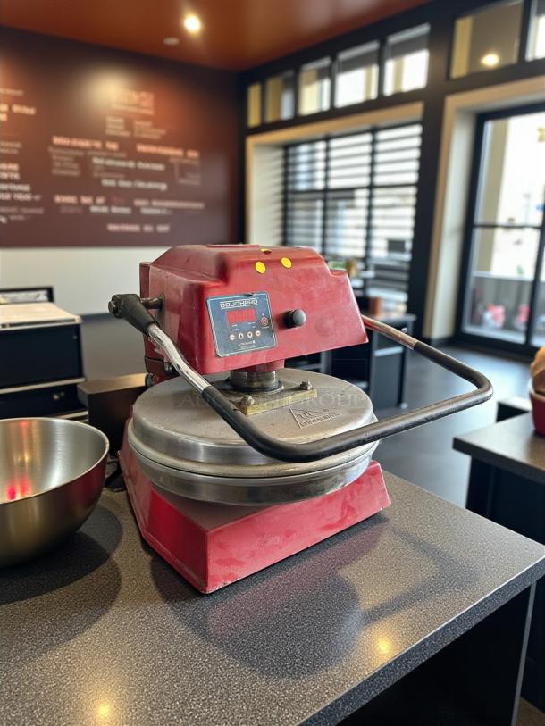 Proluxe DP1100A 18" red manual pizza dough press, heavy-duty, tested working, 120V, 1500W. Features control panel.