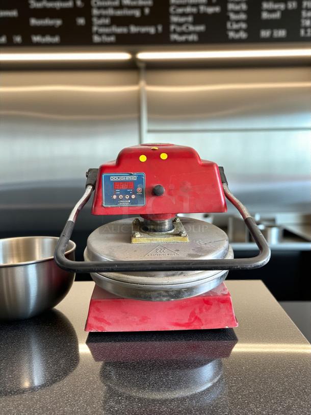 Red Proluxe DP1100A 18" manual heavy-duty pizza dough press, tested and working, with DoughPro label and controls shown.