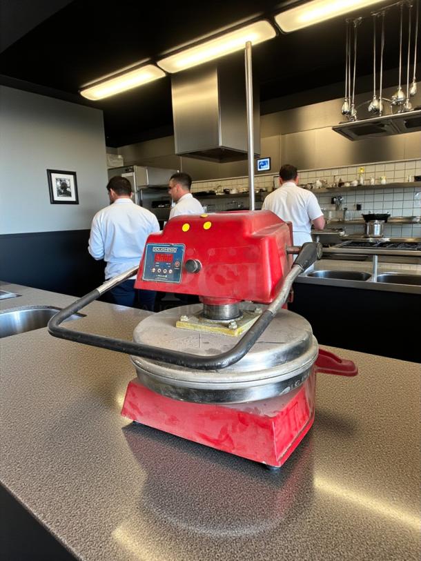 Red Proluxe Endurance X1 DP1100A 18" pizza dough press on countertop, tested, working condition. Model DP1100A, 120V, 1500W.