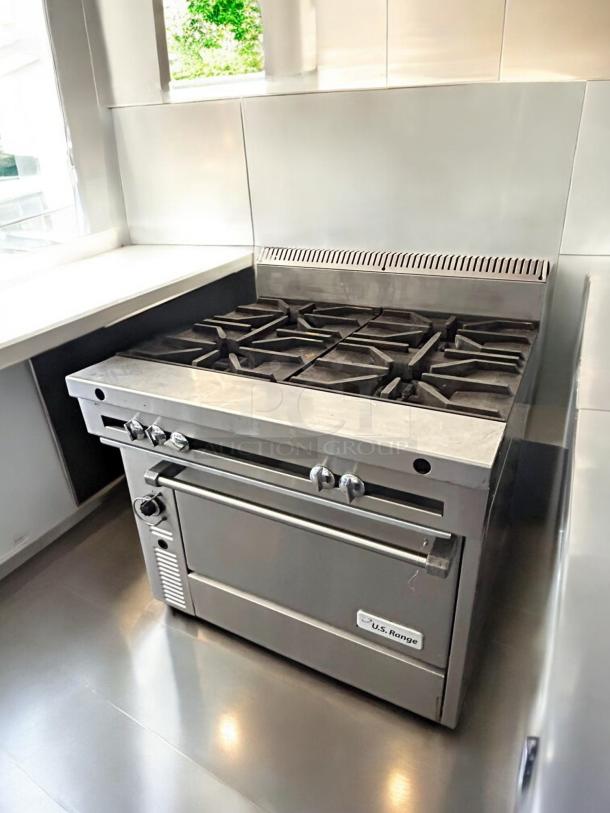 Garland M44R Master Series 4 Burner 34" Range with Standard Oven, 180,000 BTU, natural gas. Tag reads "U.S. Range."