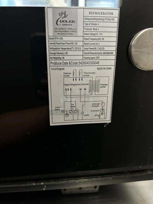 Cooler Depot RTW-160L refrigerated display case label, showing model, dimensions, and electrical details. Good condition.
