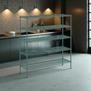 NSF green epoxy wire shelves, 60", perfect condition, five tiers, durable storage solution.