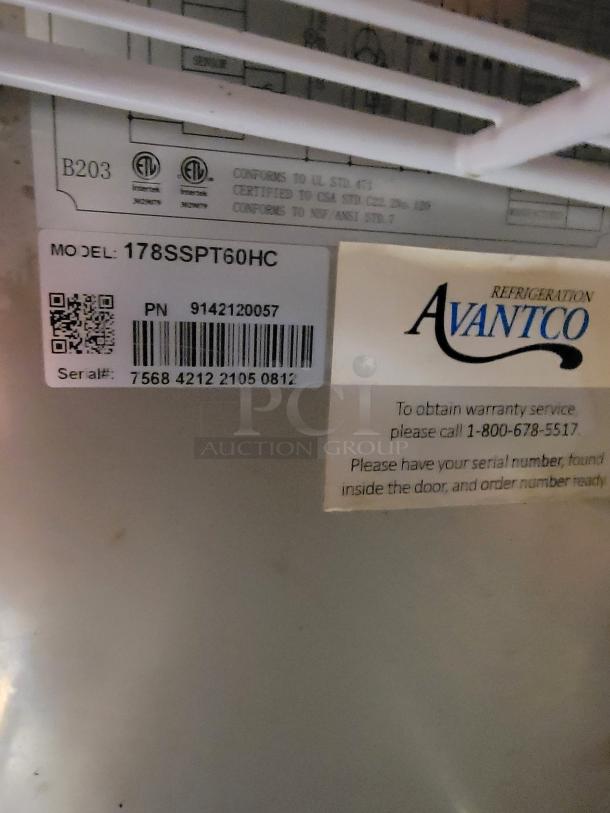 Avantco 178SSPT60HC label showing model, part number, serial number, and warranty service contact for a stainless steel prep table.