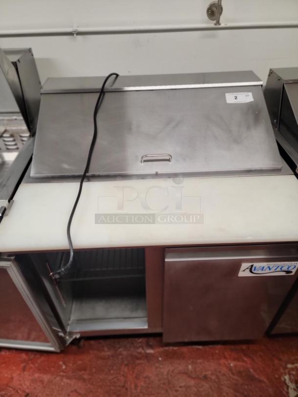 Avantco 36" commercial sandwich prep refrigerator, model 178SSPT36HC, excellent condition, stainless steel, visible Avantco logo.