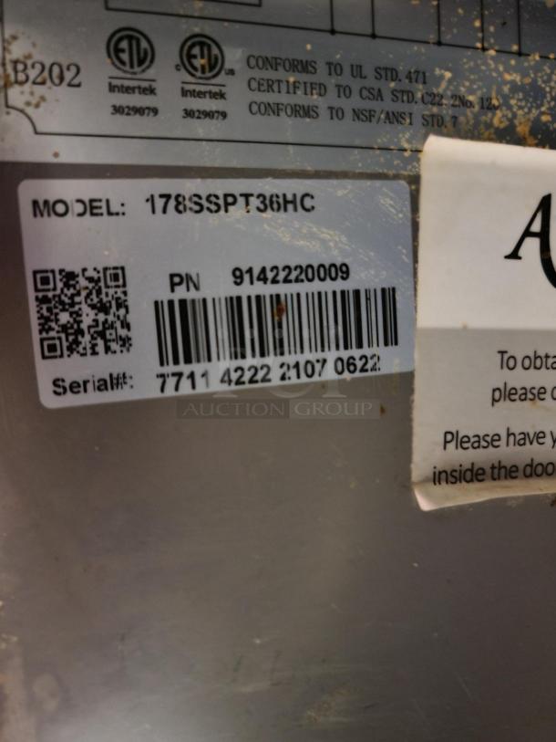 Avantco 36" Commercial Sandwich Prep Refrigerator, Model 178SSPT36HC, in excellent condition. Includes certification markings.