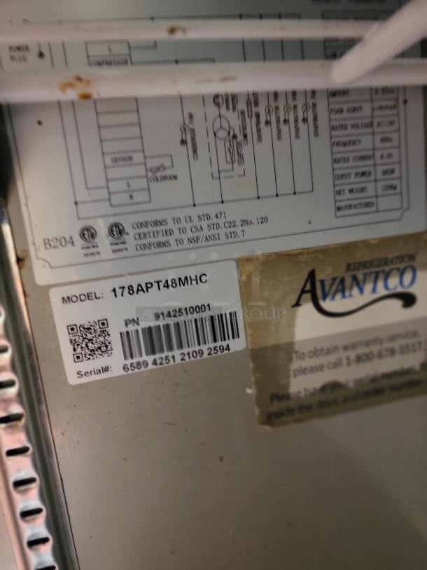 AVANTCO 48" commercial prep refrigerator, Model 178SSPT48HC, with visible tags showing model and serial number. Ideal for restaurants.