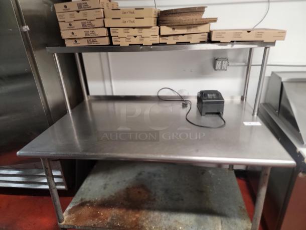 Commercial 5' stainless steel work table with overhead shelf, includes Star SP700 printer. Ideal for kitchens or workspaces.