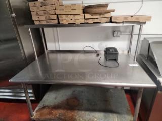 Commercial 5' stainless steel work table with overhead shelf, includes Star SP700 printer. Ideal for kitchens or workspaces.