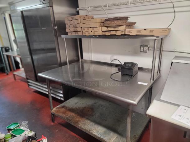 Commercial 5' stainless steel work table with overhead shelf and Star SP700 printer; ideal for kitchen use.