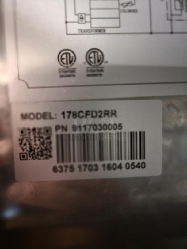 Avantco 2-door commercial refrigerator, model 178CFD2RR. ETL certified. Barcode and QR code visible on label.