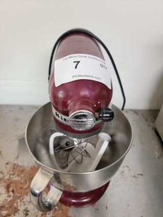 KitchenAid Artisan Series 5-Quart Stand Mixer, 325 Watts, red, includes mixing bowl and attachments, visible wear and cleaning needed.
