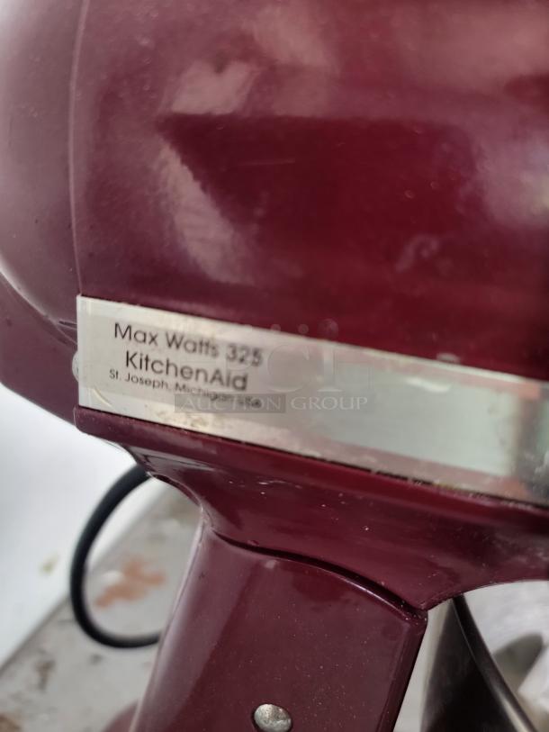 KitchenAid Artisan Series stand mixer, 325 watts, maroon color, model label visible, made in St. Joseph, Michigan.