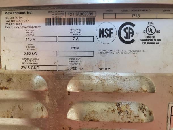 Southbend Mobile Fryer Oil Filter System label showing model P18, 115V, 0.85 kW, NSF, and UL certifications.