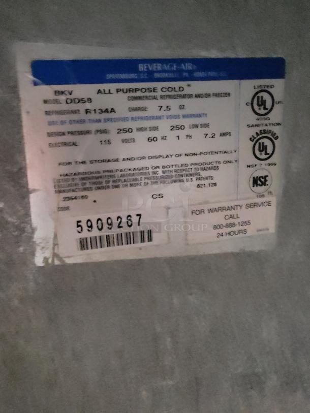 Beverage-Air DD58 kegerator label showing model, refrigerant R134A, and UL/NSF certifications.