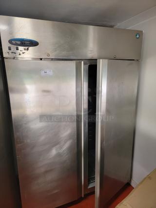 Hoshizaki CR2SFS 2-door reach-in refrigerator, stainless steel, robust condition, digital display, ideal for commercial kitchens.