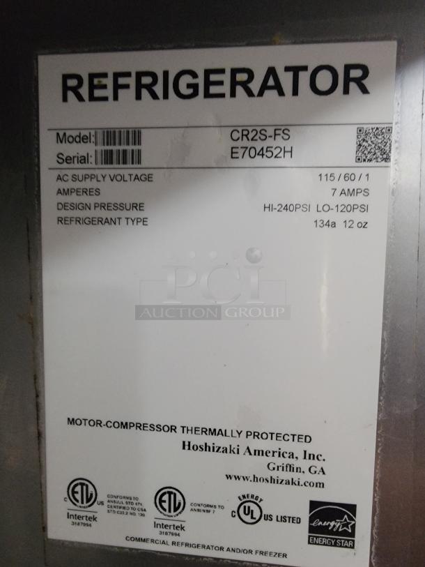 Hoshizaki CR2SFS 2-Door Reach-In Refrigerator label showing model, serial E70452H, voltage, amperes, pressure, and refrigerant type.