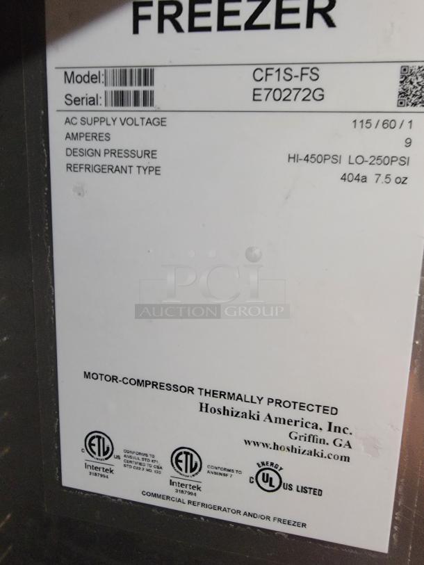 Hoshizaki CF1S-SF commercial single door upright freezer label, indicating model and serial number E70272G.