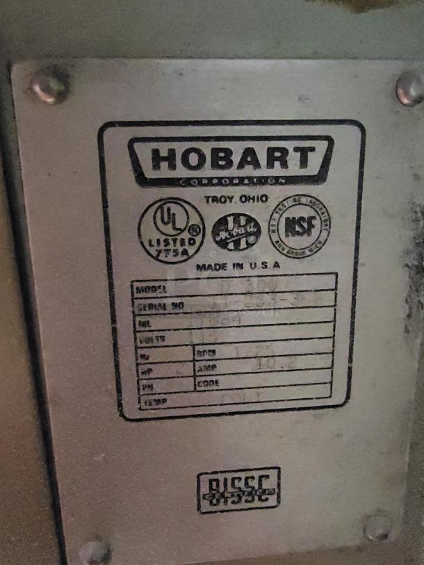 Hobart Commercial Series 30 Qt Mixer metal tag, Model D300, UL listed, NSF certified, made in USA, serial No. 11-263-31.