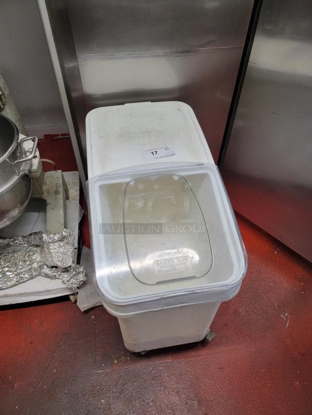 Baker's Mark 20 Gallon Ingredients Bin with scoop, white, clear lid, rectangular, commercial kitchen use, shows light wear.