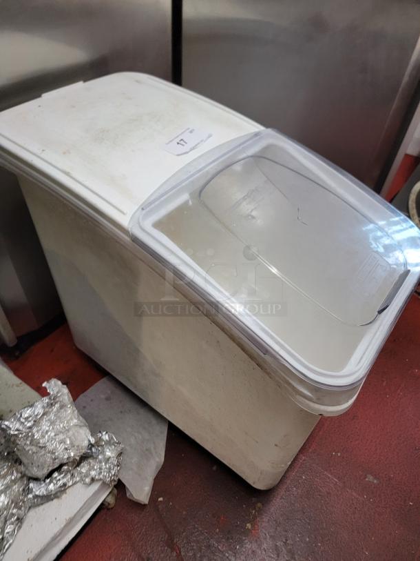 Baker's Mark 20 Gallon Ingredients Bin with Scoop, white plastic, transparent lid, label number 17, commercial use.