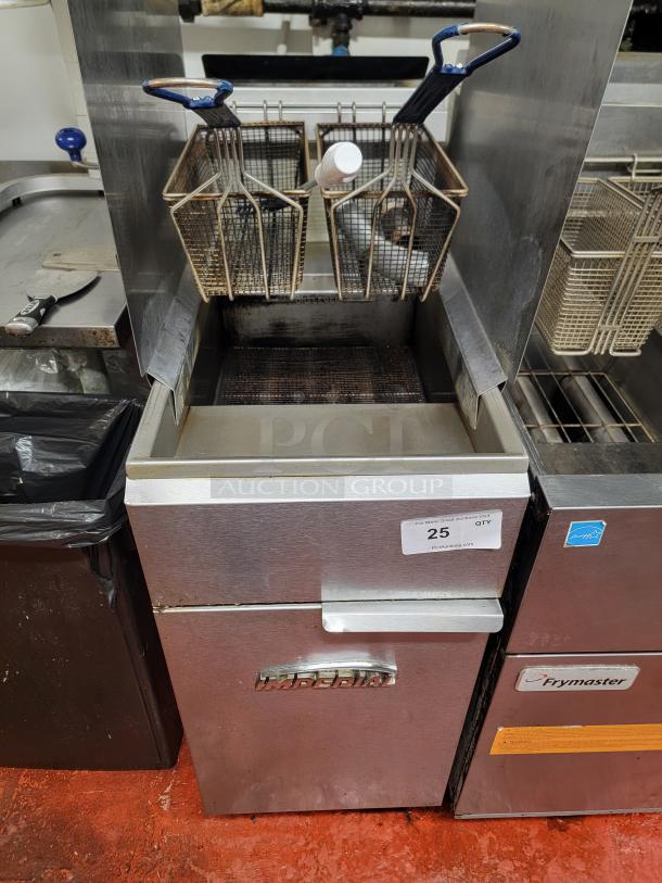 Imperial IFS-40 LPG commercial deep fryer; high BTU, dual baskets, robust stainless-steel construction, label reads "25 QTY."