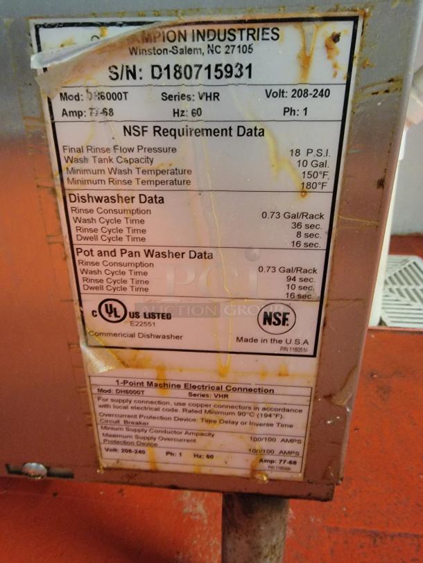 Champion DH6000T commercial dishwasher label showing model, serial number, voltage, and NSF certification details.